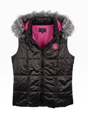 Girls with Guns Quilted Puffer Vest with Faux Fur Hood - Black & Pink